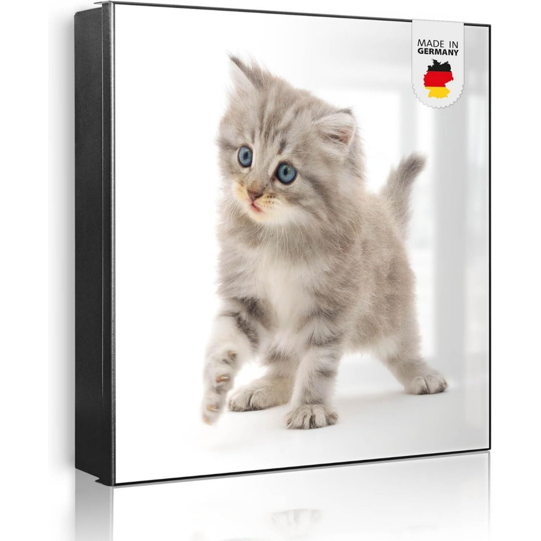 banjado grosser schluesselkasten metall - schluesselbox 30x30cm beschreibbarer mit 32 haken - schluesselkasten modern fuer schluesselaufbewahrung - korpus schwarz scharnier links - motiv miau
