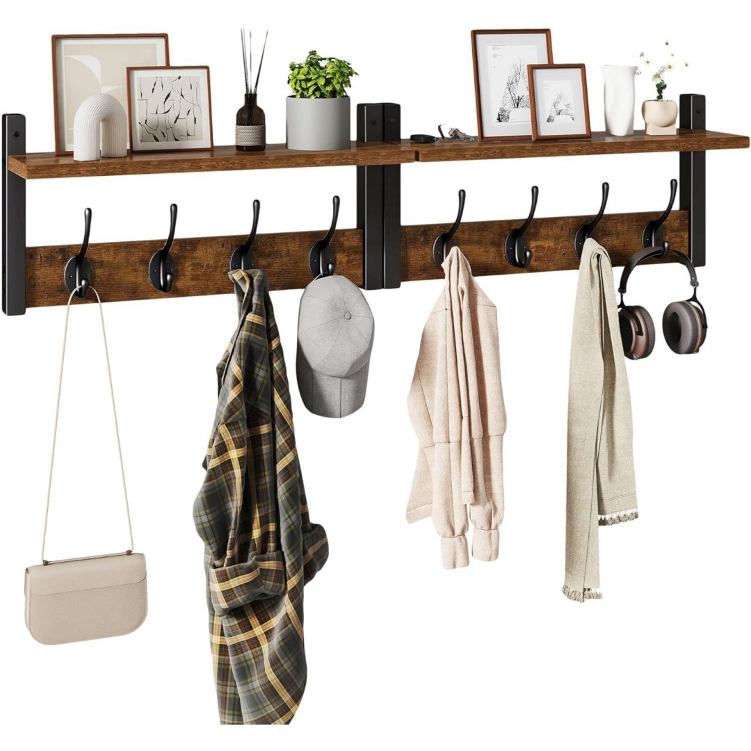 ymyny wandgarderobe holz 2-in-1 mit ablage rustikal braun hws001h-2 garderobenleiste holz mit ablage 8 doppelhaken ideal fuer wandmontage garderobenhaken garderobe wand fuer flur diele