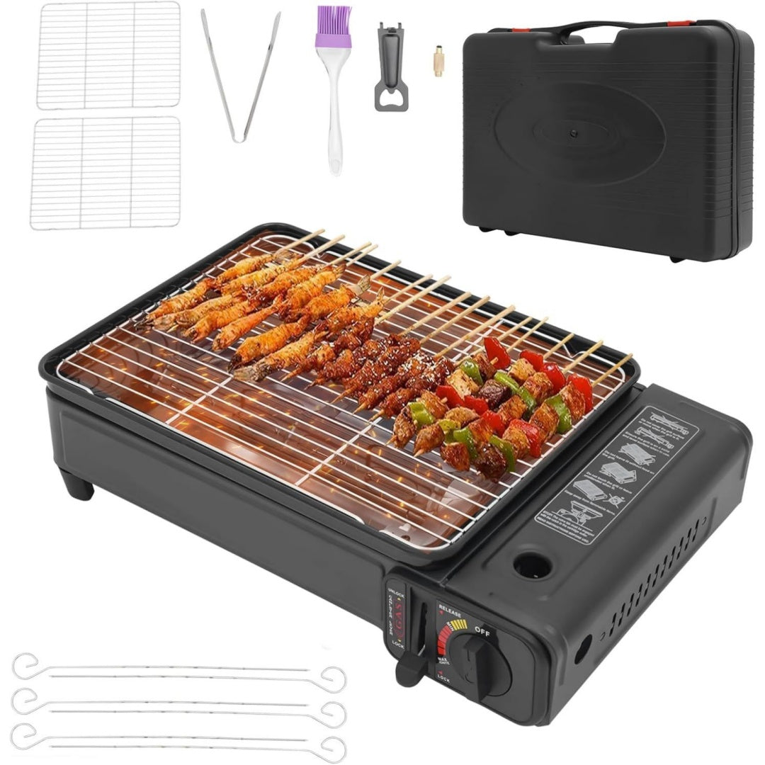 camping gasgrill 22 kw tragbar mit 2 grillrosten tragetasche tischgasgrill mit piezo-zuendung fettauffangschale gaskocher grill 2-in-1 fuer kartuschen gasflaschen - ideal fuer balkon garten