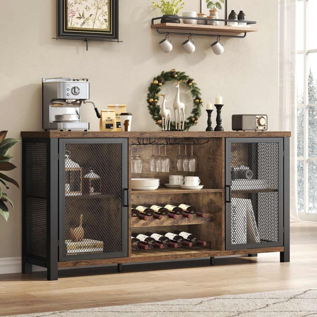 launica rustikalbrauner 140 cm weinschrank mit weinregal fuer esszimmer stabile holz metall kombination als barschrank mit buffetschrank extra platz fuer wein und getraenke im haeuslichen bereich