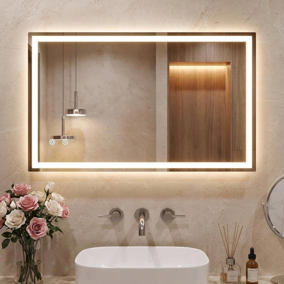 clevich led badspiegel mit beleuchtung 100x60 cm rechteckiger wandspiegel gehaertetes sicherheitsglas touch dimmbar 3 lichtfarben beschlagfrei memory-funktion vertikalehorizontale montage