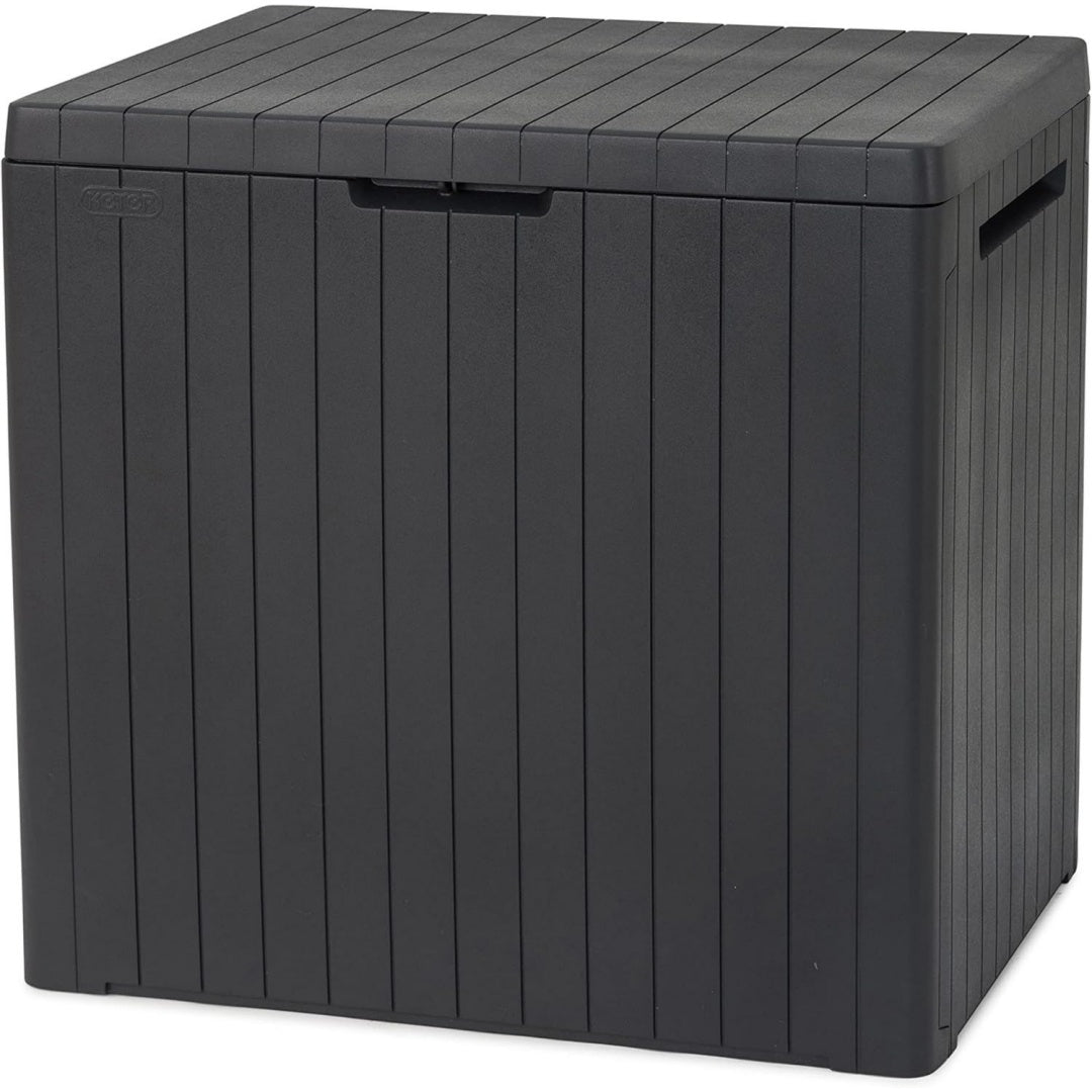 keter city box aufbewahrungsbox dunkelgrau inhalt 113l masse hxtxb 55x44x578cm ideal fuer balkon und kleine flaechen holzoptik 55x44x578cm ideal fuer balkon kleine flaechen