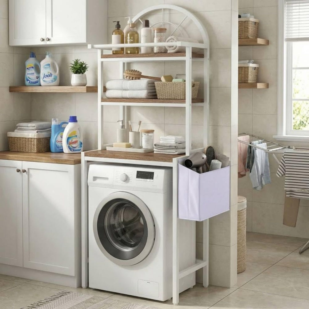 yitahome regal fuer ueber der waschmaschine regal fuer ueber der toilette mit 3 ablagen bogendesign materialmix aus metall und holz mit einer stoffaufbewahrungstasche 40d x 645w x 190h cm weiss