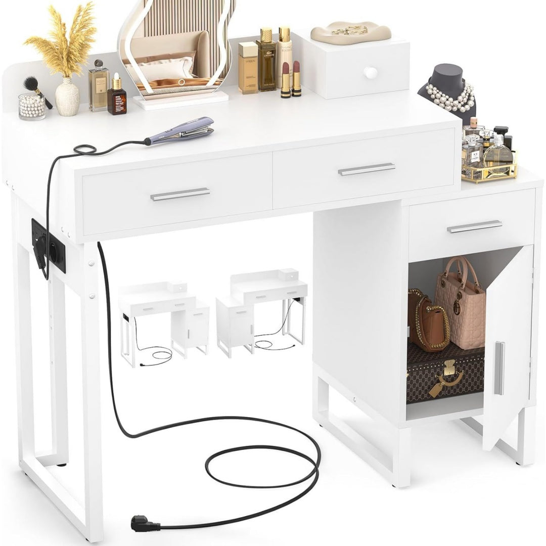 isunirm schminktisch ohne spiegel kleiner kosmetiktisch weiss mit steckdosen 2 usb-ports frisiertisch mit 4 schubladen und reversiblem seitenschrank vanity deskschreibtisch fuer schlafzimmer