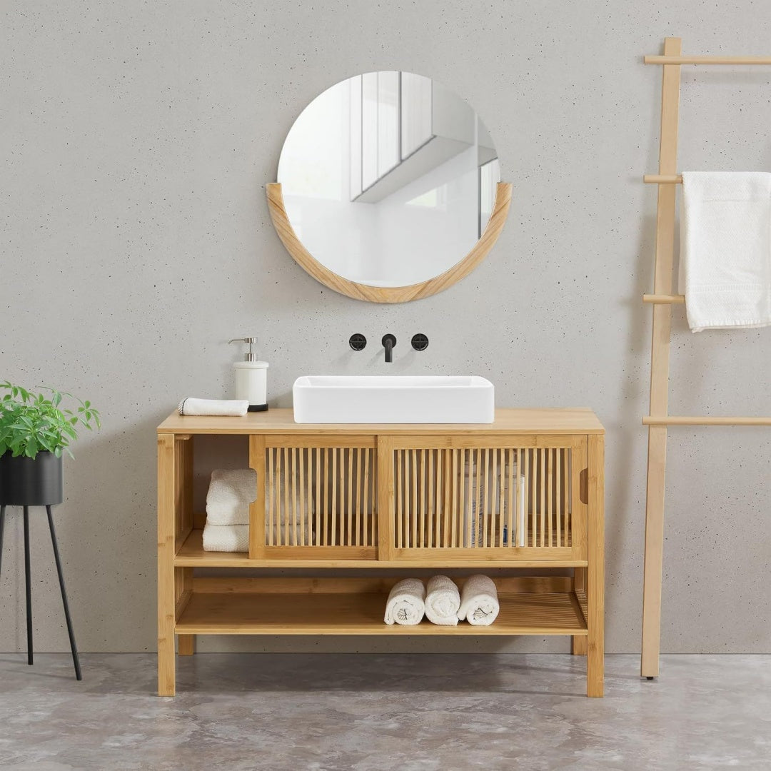 encasa waschbeckenunterschrank hvaler badezimmerschrank mit 2 tueren 60 x 100 x 45 cm badschrank mit siphonausschnitt waschtischunterschrank bambus natur