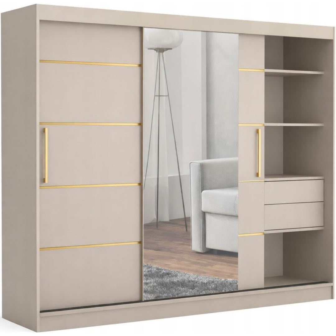 brent - kleiderschrank mit spiegel und schubladen 200cm breit chelsea tomy schwebetuerenschrank mit spiegel schlafzimmerschrank kleiderschrank cashmeregold