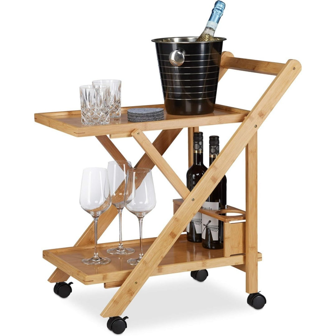 relaxdays kuechenwagen bambus servierwagen klappbar mit flaschenhalter rollwagen holz 65 x 405 x 70 cm natur