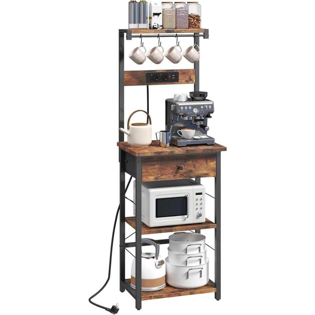 mahancris kuechenregal mit steckdosen baeckerregal standregal 34 x 48 x 139 cm backregal mit schubladen mikrowellenregal 4 s-haken fuer kueche wohnzimmer esszimmer braun und schwarz abrhr48ue01