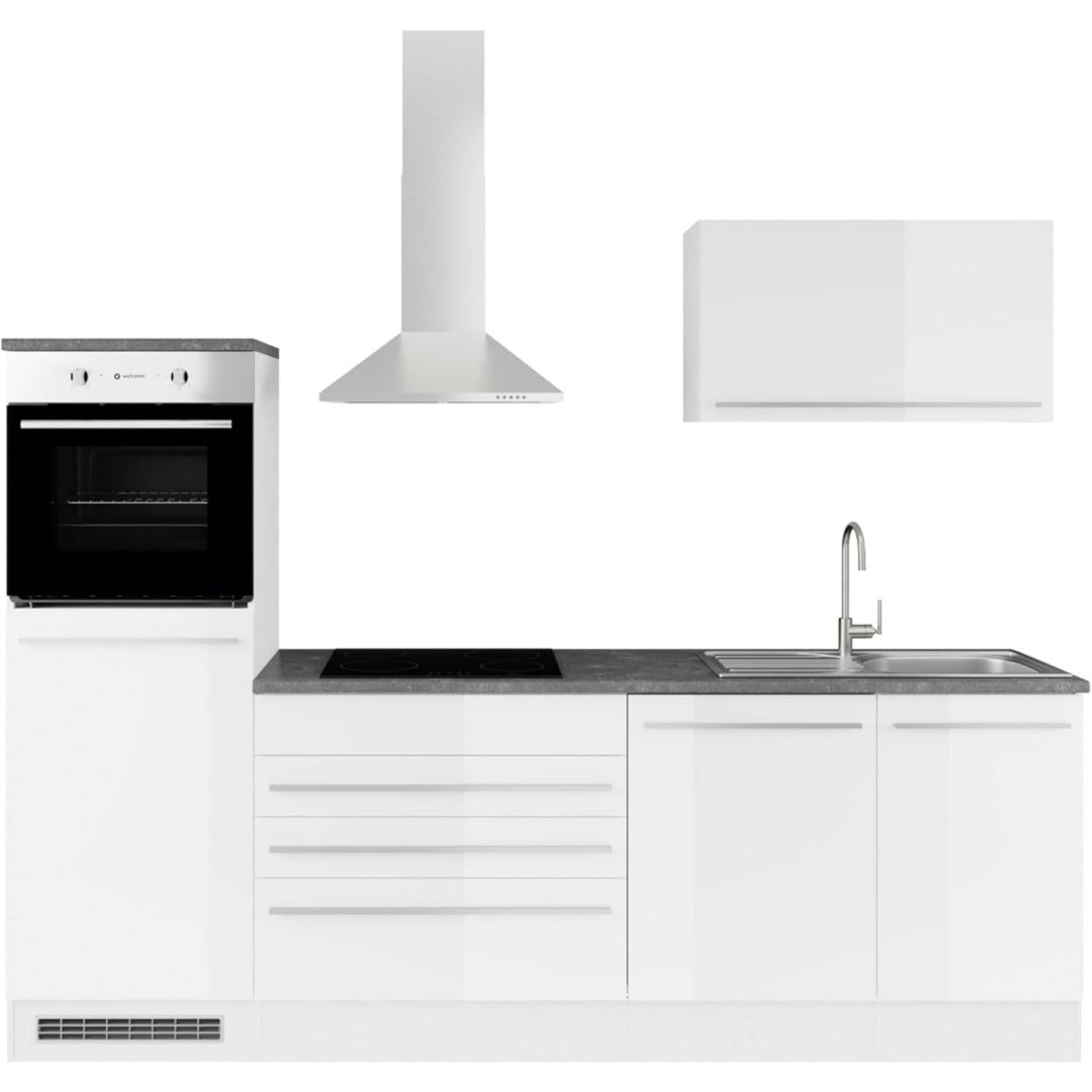 84-131-13 jazz kuechenblock kuechenzeile weiss hochglanz ohne geraete ca 260 x 200 x 60 cm kueche ohne elektrogeraete moderne kuechenzeile kuechenblock umbauschrank fuer backofen arbeitsplatte steingrau griffleisten