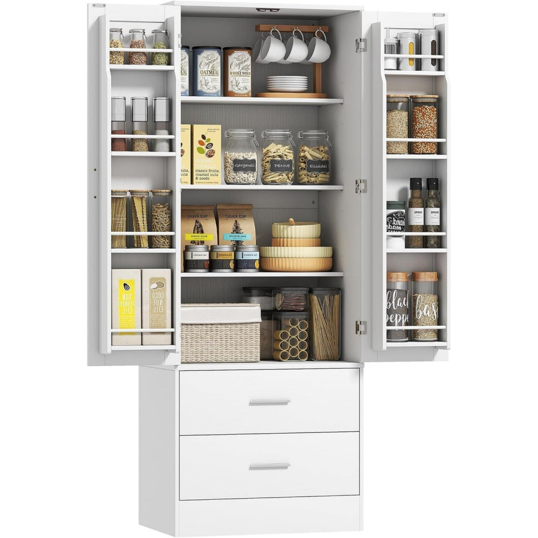 homcom kuechenschrank buffetschrank mit 2 tueren 60 x 40 x 159 cm weiss 8 tuerregalen 2 schubladen verstellbaren einlegeboeden hochschrank moderner vorratsschrank fuer wohnzimmer