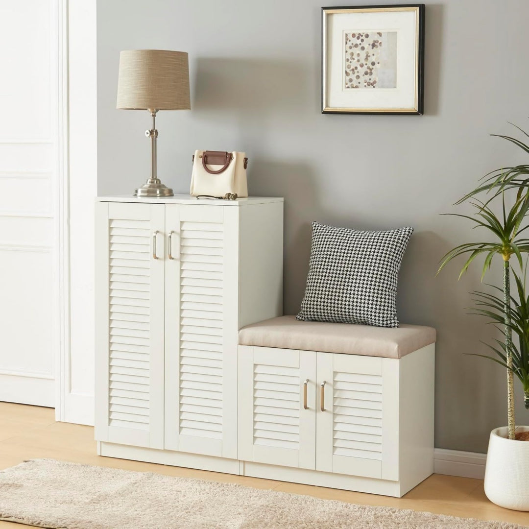 encasa schuhschrank loten schuhregal mit 4 tueren und 9 ablagen schuhablage 120 x 36 x 97 cm bis zu 18 paar schuhe mit gepolsterter sitzbank schuhaufbewahrung weiss