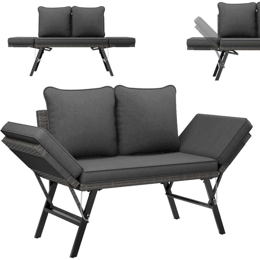 udpatio polyrattan gartenbank wetterfest mit liegefunktion balkonsofa 3 in 1 verstellfunktion mit extra dicke sitzpolstern kissen fuer garten balkonterrasse - grau-meliert grau bezuege